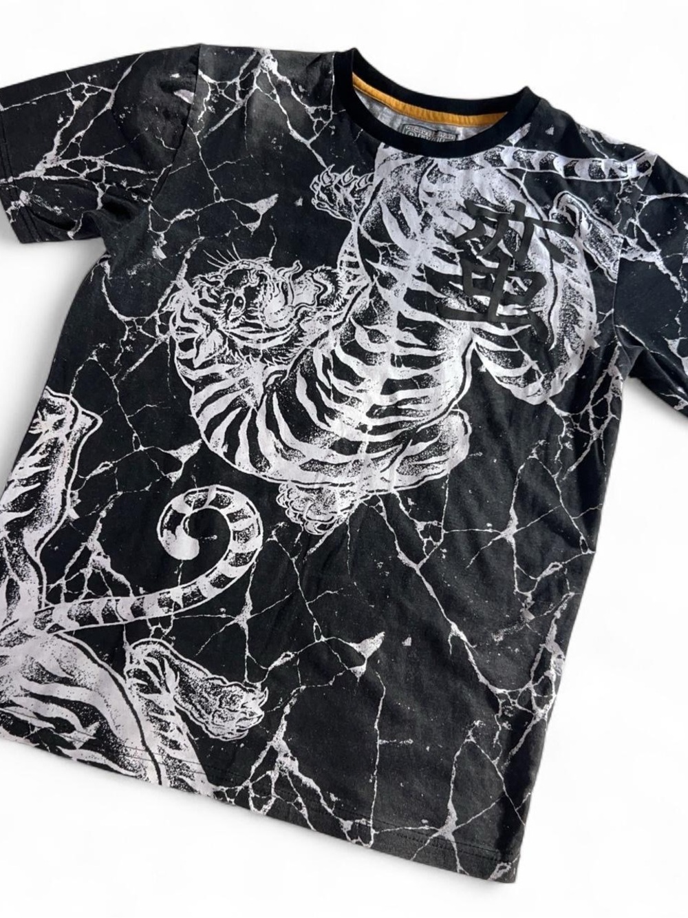Y2K Civil Sektor Black White Tiger Baby Tee Shirt Skater Streetwear Bleach Dye